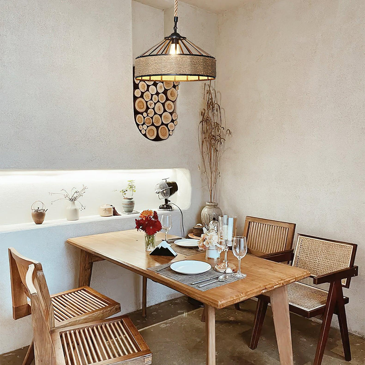 Artisan Hemp Rope Pendant Light with Iron Frame – Nordic Retro Ceiling Lamp
