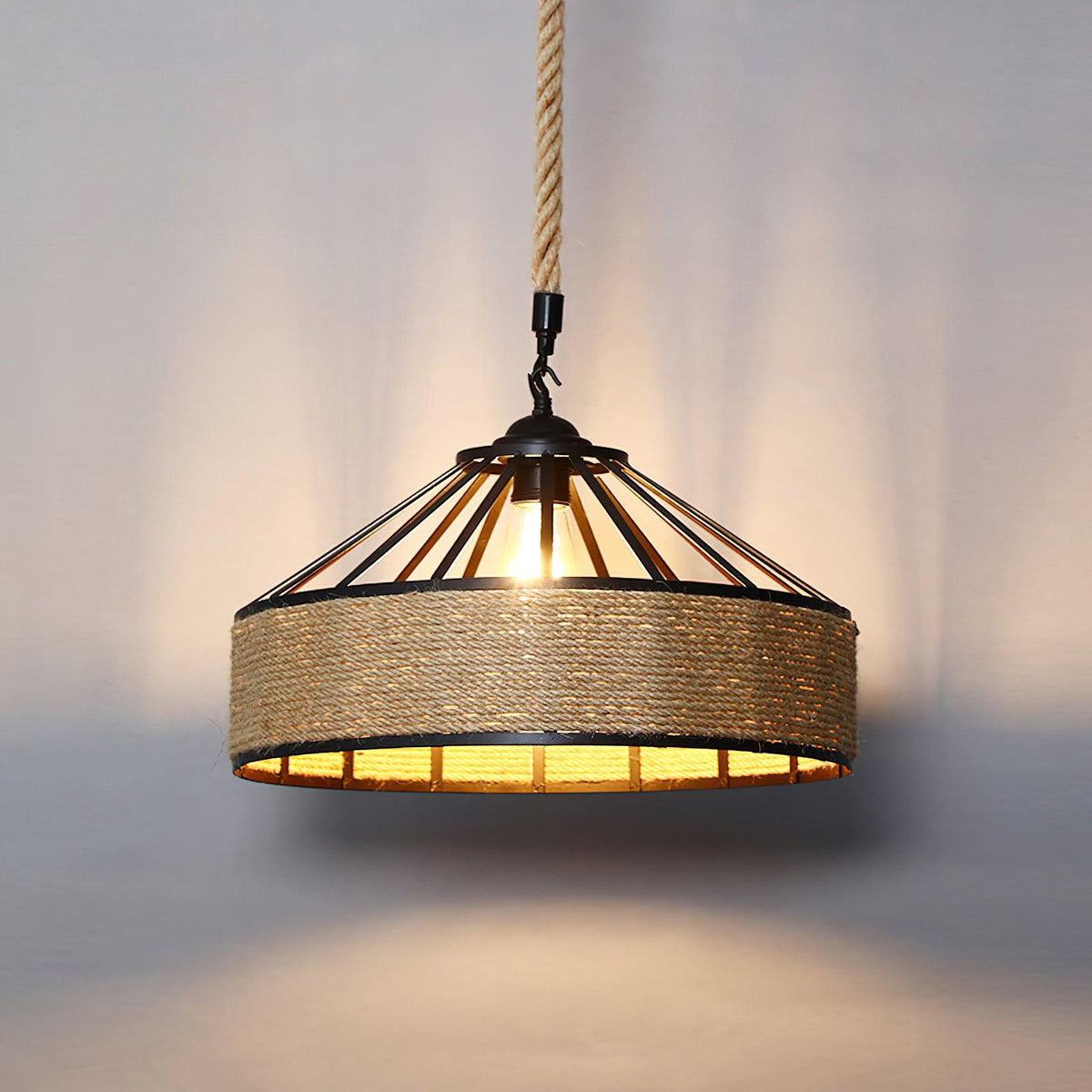 Artisan Hemp Rope Pendant Light with Iron Frame – Nordic Retro Ceiling Lamp