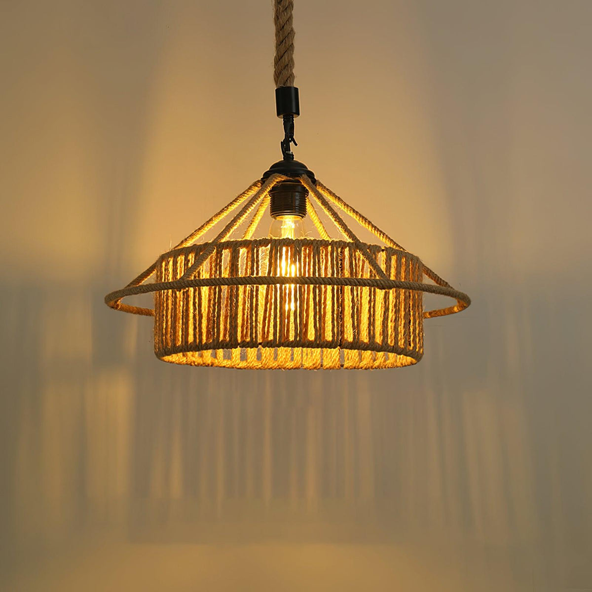 Artisan Hemp Rope Pendant Light with Iron Frame – Nordic Retro Ceiling Lamp