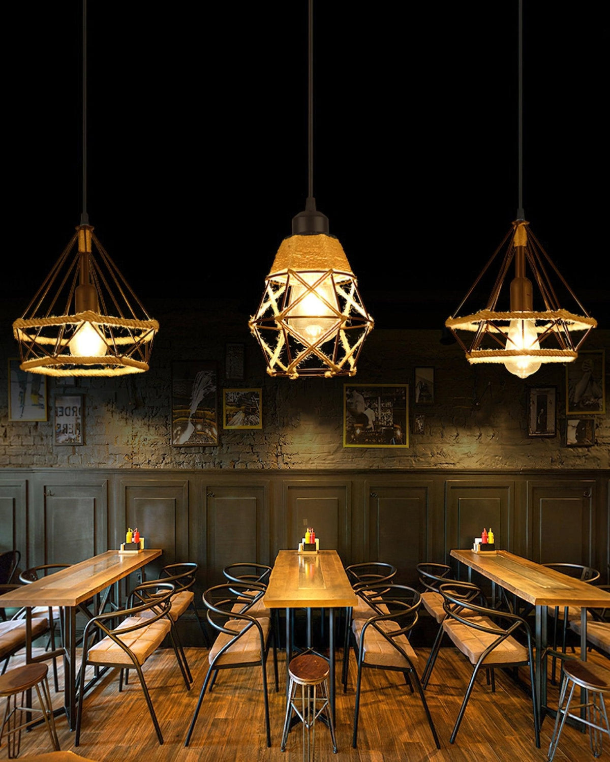 Artisan Hemp Rope Pendant Light with Iron Frame, Nordic Retro Ceiling Lamp for Living Room and Dining Room