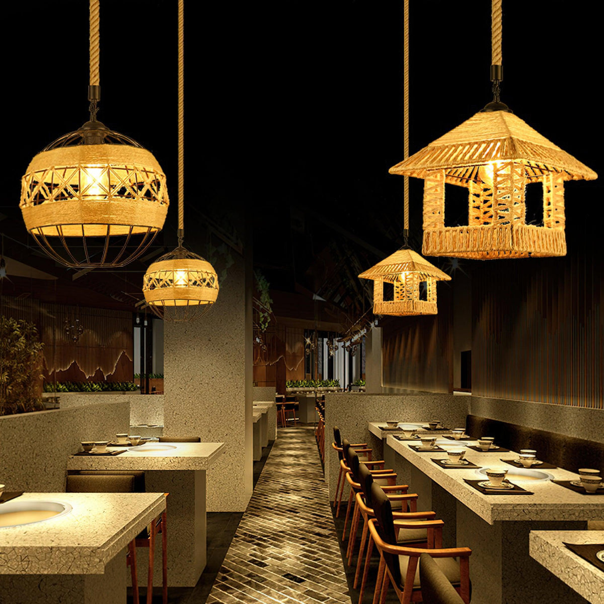 Artisan Hemp Rope Pendant Light with Iron Frame, Nordic Retro Ceiling Lamp for Living Room and Dining Room