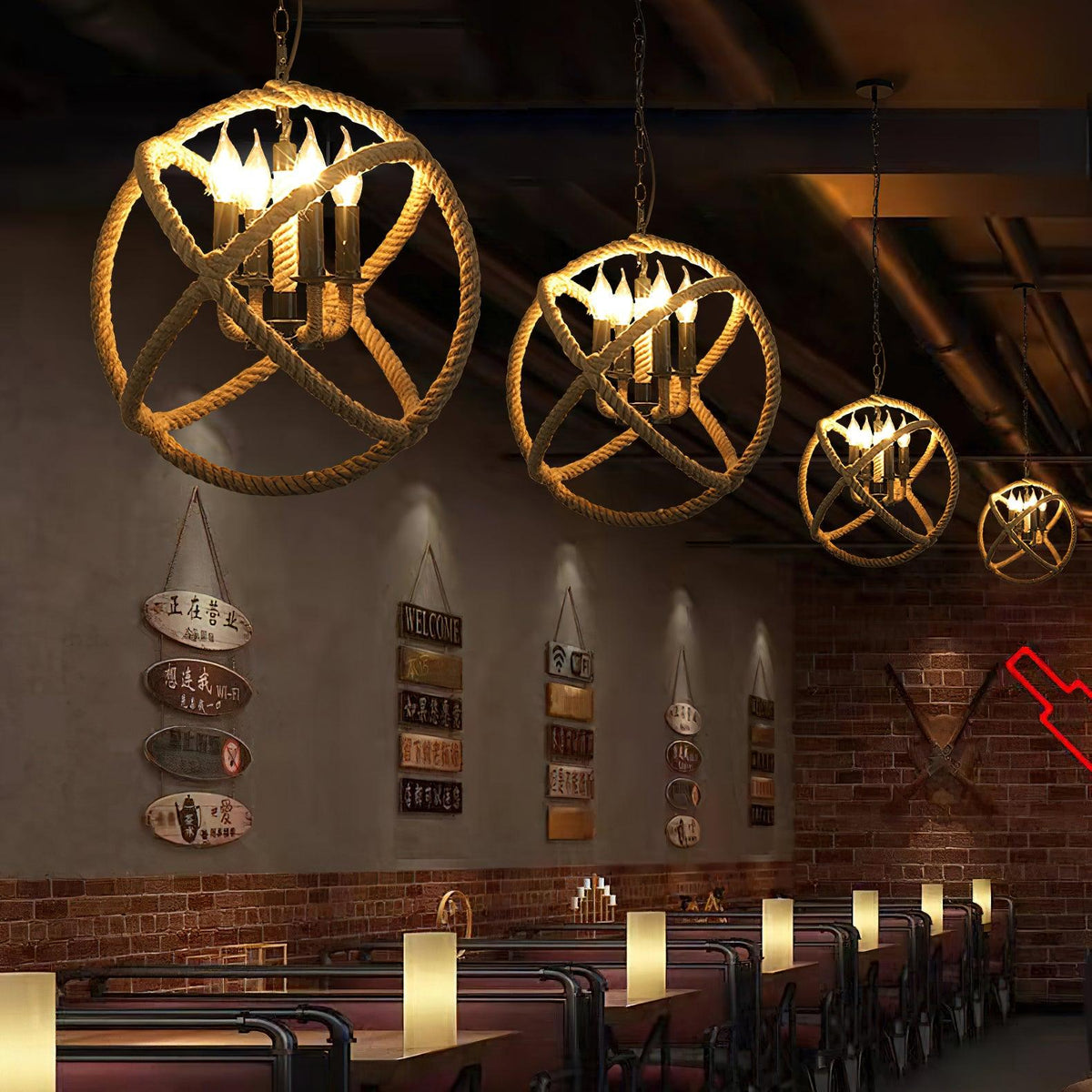 Artisan Hemp Rope Pendant Light with Iron Frame, Nordic Retro Ceiling Lamp for Living Room and Dining Room