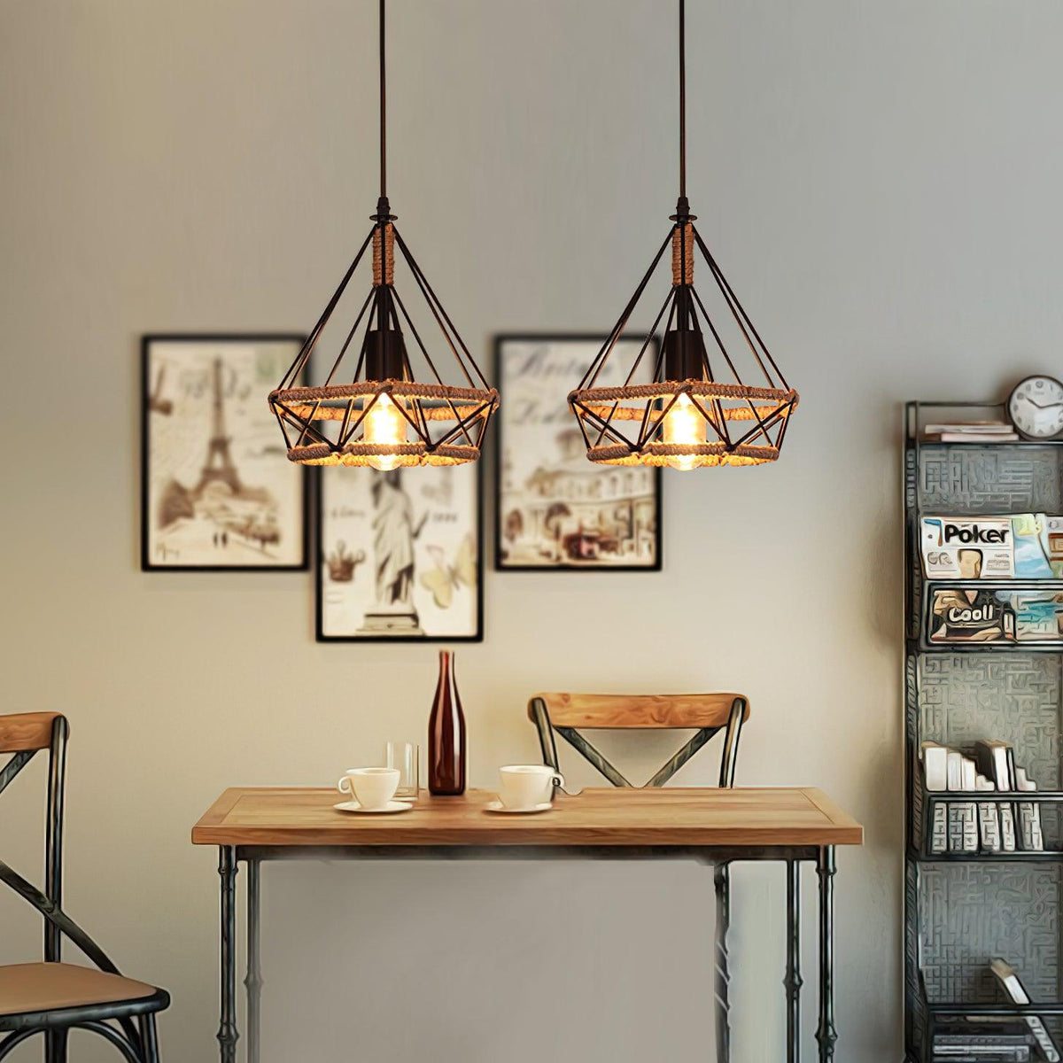 Artisan Hemp Rope Pendant Light with Iron Frame, Nordic Retro Ceiling Lamp for Living Room and Dining Room