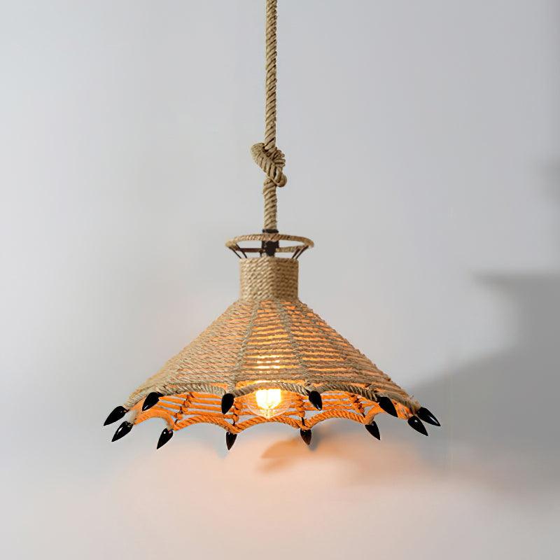 Artisan Hemp Rope Pendant Light with Iron Frame, Nordic Retro Ceiling Lamp for Living Room and Dining Room