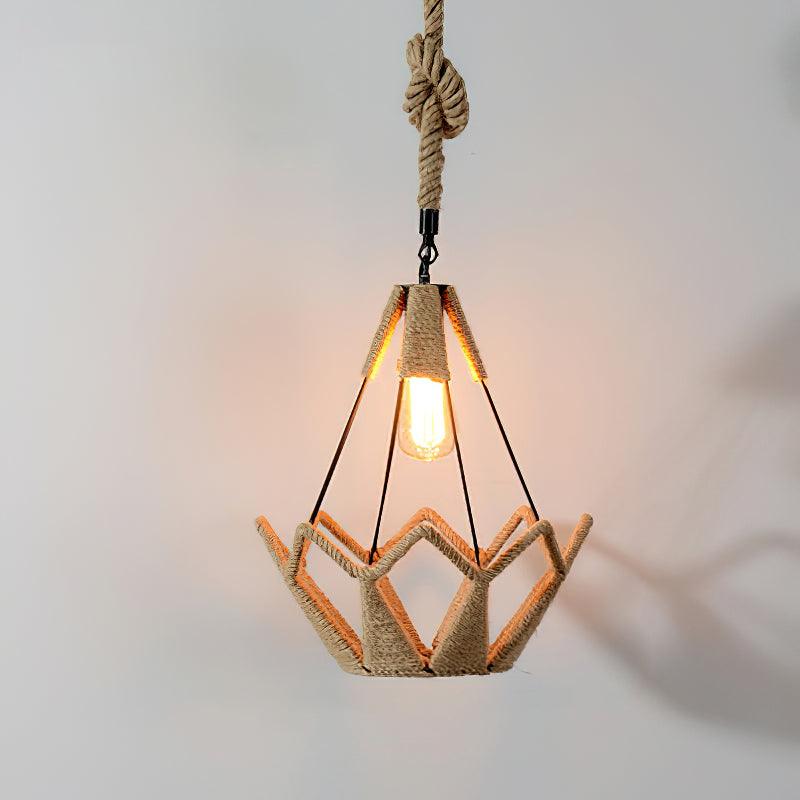 Artisan Hemp Rope Pendant Light with Iron Frame, Nordic Retro Ceiling Lamp for Living Room and Dining Room