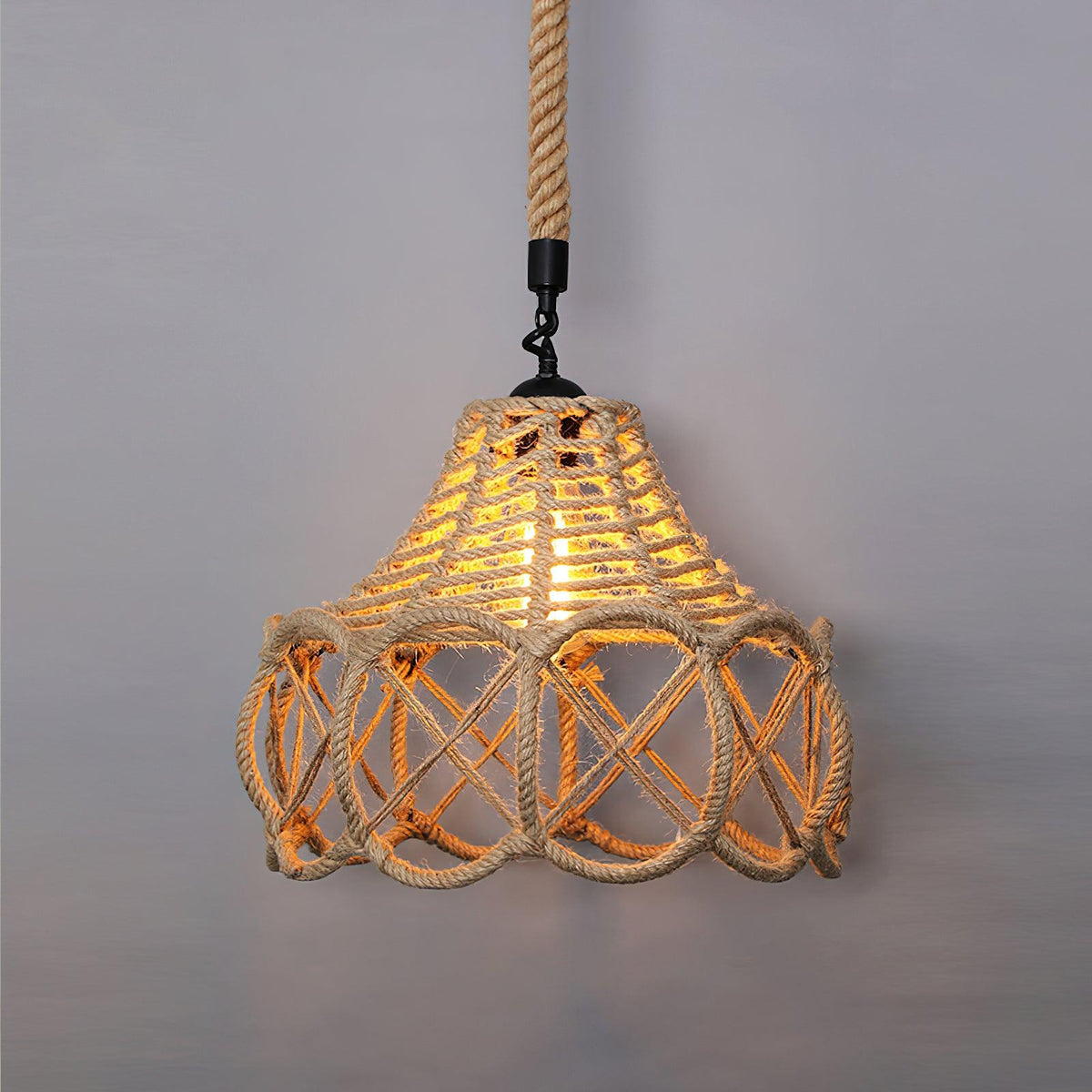 Artisan Hemp Rope Pendant Light with Iron Frame, Nordic Retro Ceiling Lamp for Living Room and Dining Room
