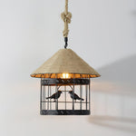 Artisan Hemp Rope Pendant Light with Iron Frame, Nordic Retro Ceiling Lamp for Living Room and Dining Room