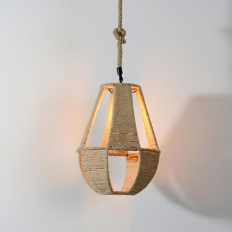 Artisan Hemp Rope Pendant Light with Iron Frame, Nordic Retro Ceiling Lamp for Living Room and Dining Room