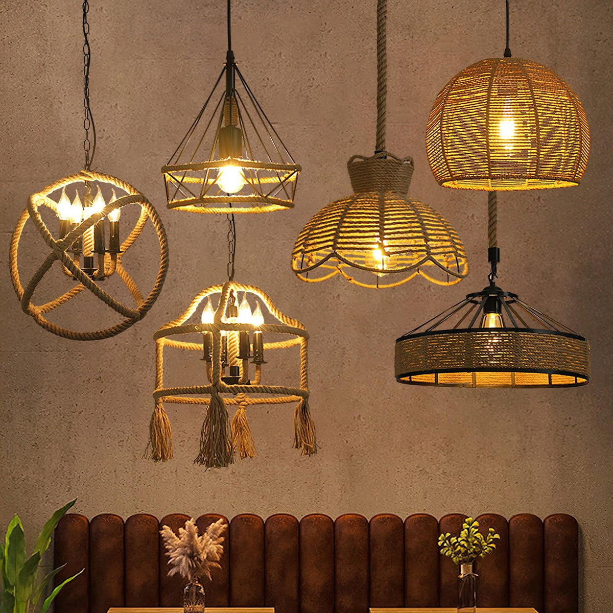 Artisan Hemp Rope Pendant Light with Iron Frame, Nordic Retro Ceiling Lamp for Living Room and Dining Room