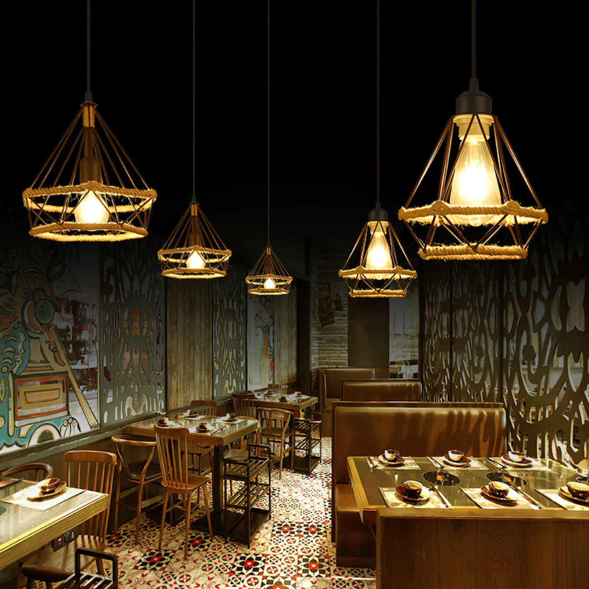 Artisan Hemp Rope Pendant Light with Iron Frame, Nordic Retro Ceiling Lamp for Living Room and Dining Room