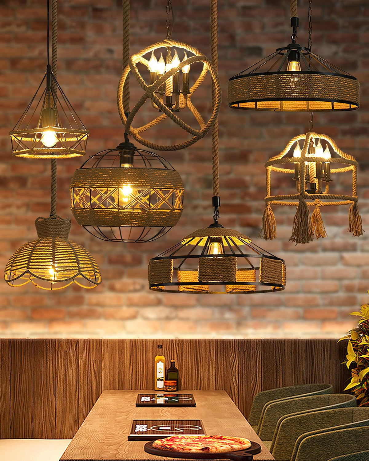 Artisan Hemp Rope Pendant Light with Iron Frame, Nordic Retro Ceiling Lamp for Living Room and Dining Room