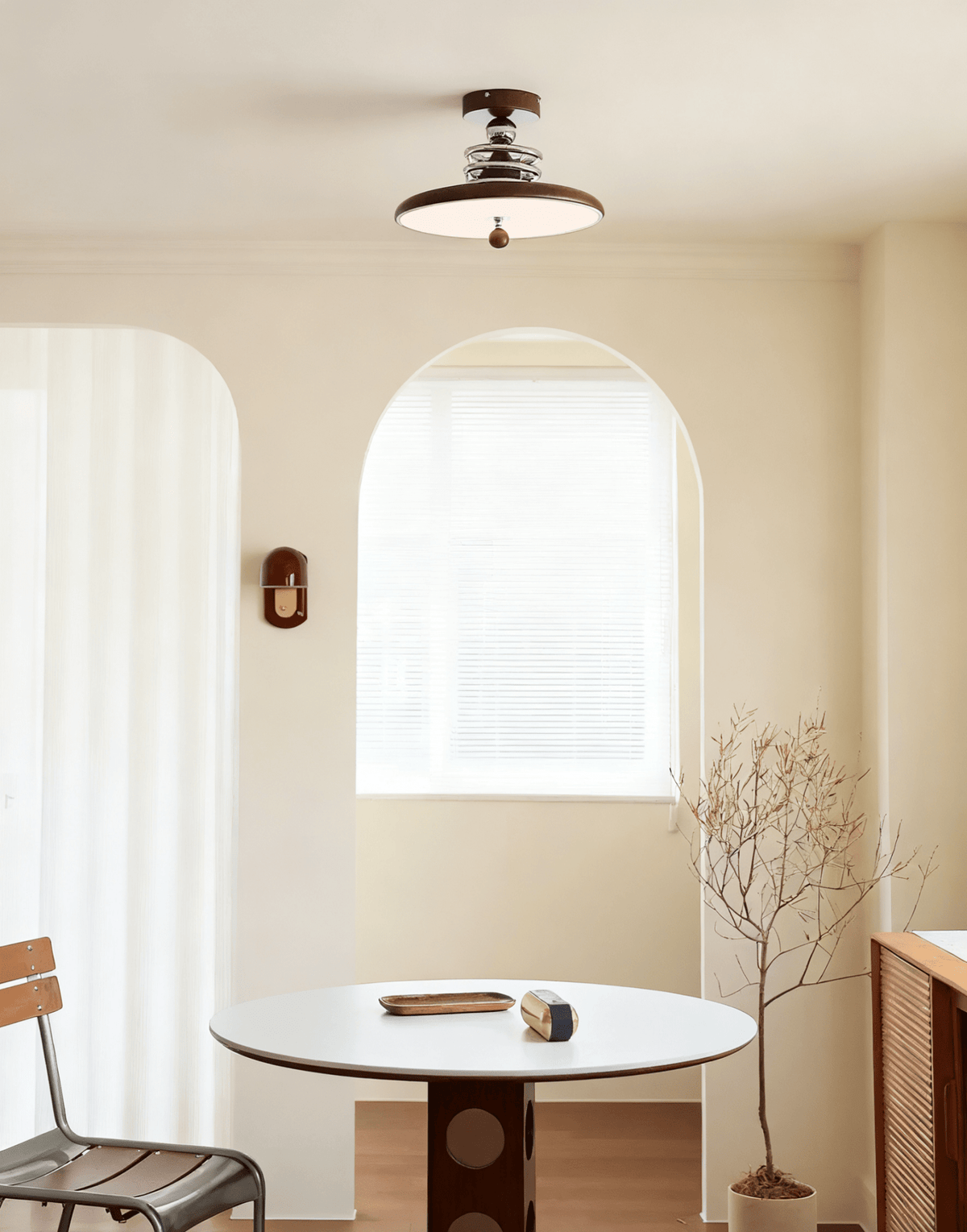 Retro Revolve Semi Flush Mount Ceiling Light with Walnut Finish and LED