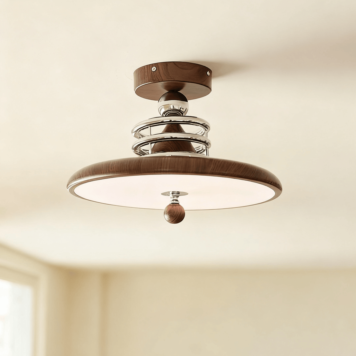Retro Revolve Semi Flush Mount Ceiling Light with Walnut Finish and LED