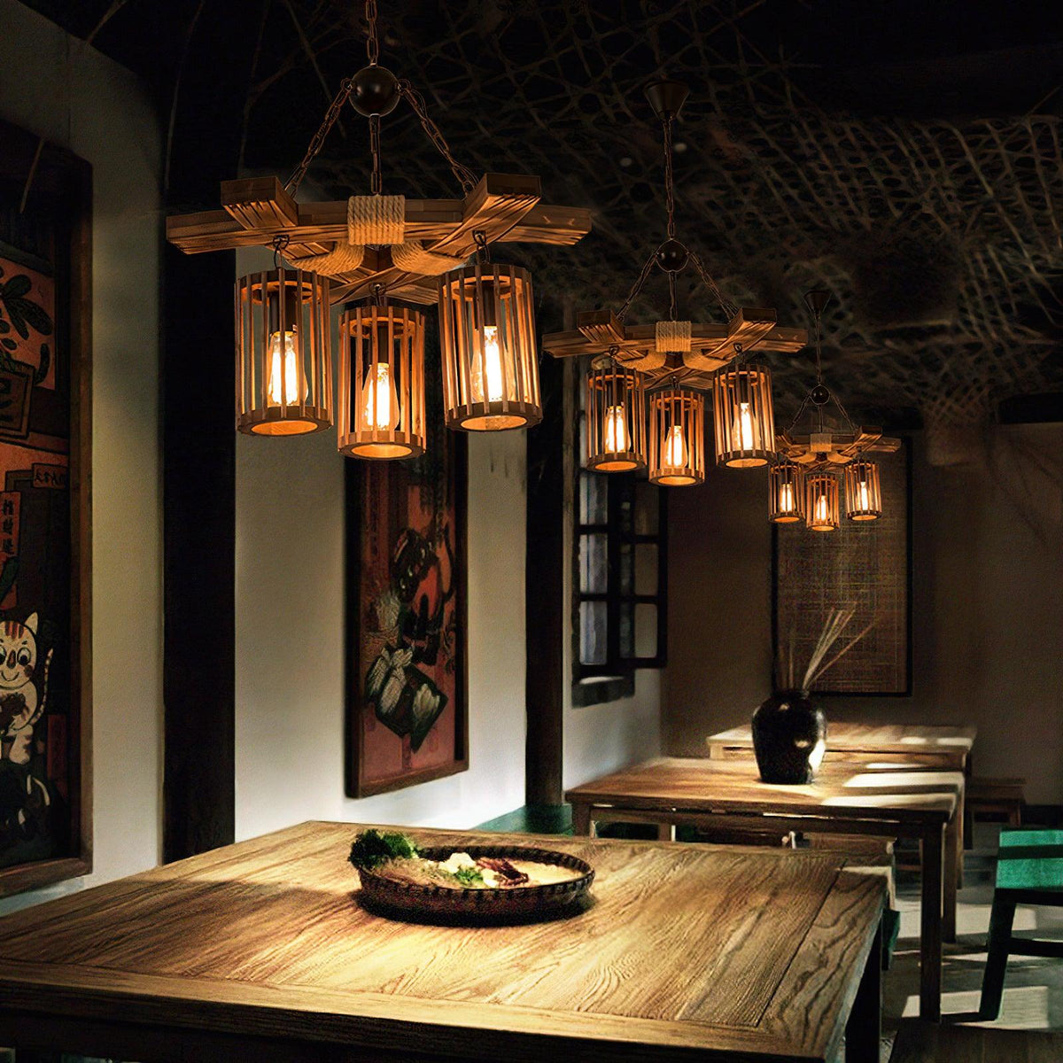 Retro Solid Wood Chandelier with Black Iron and Hemp Rope Accents