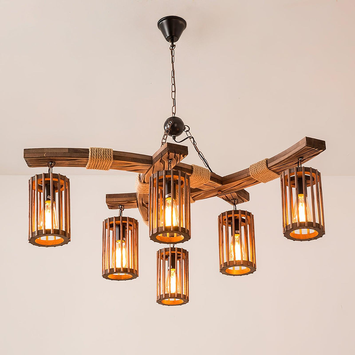 Retro Solid Wood Chandelier with Black Iron and Hemp Rope Accents