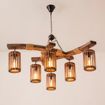 Retro Solid Wood Chandelier with Black Iron and Hemp Rope Accents