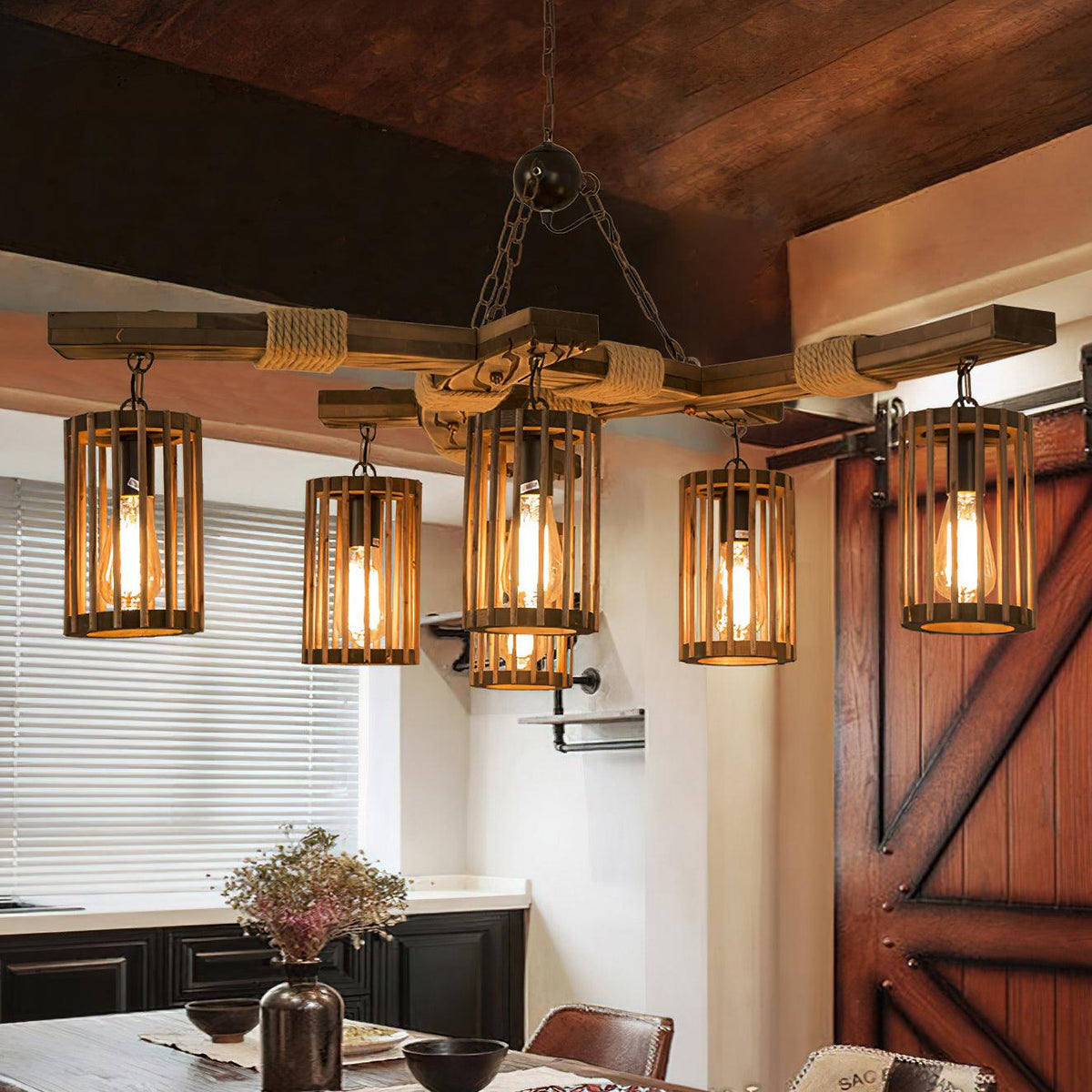 Retro Solid Wood Chandelier with Black Iron and Hemp Rope Accents