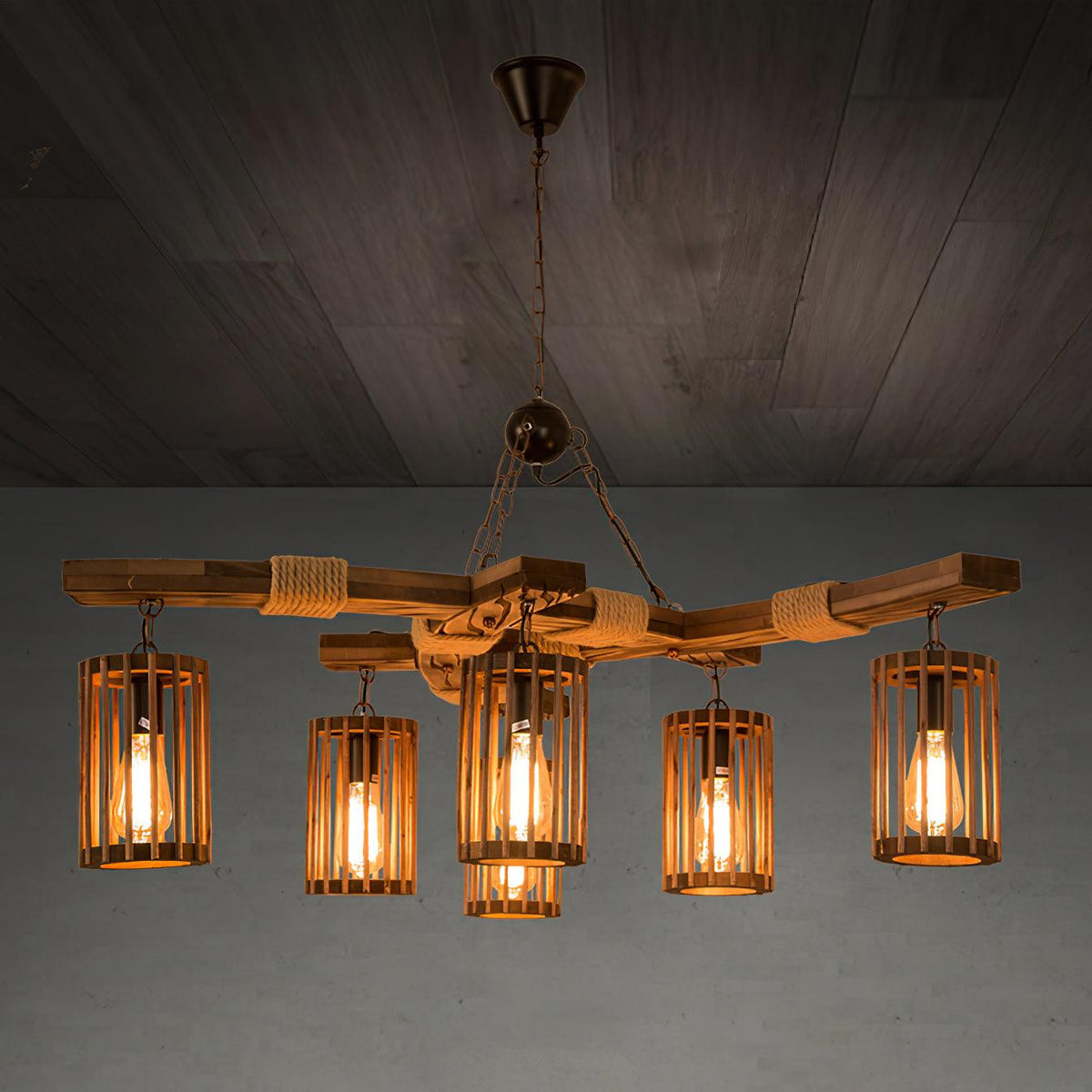 Retro Solid Wood Chandelier with Black Iron and Hemp Rope Accents
