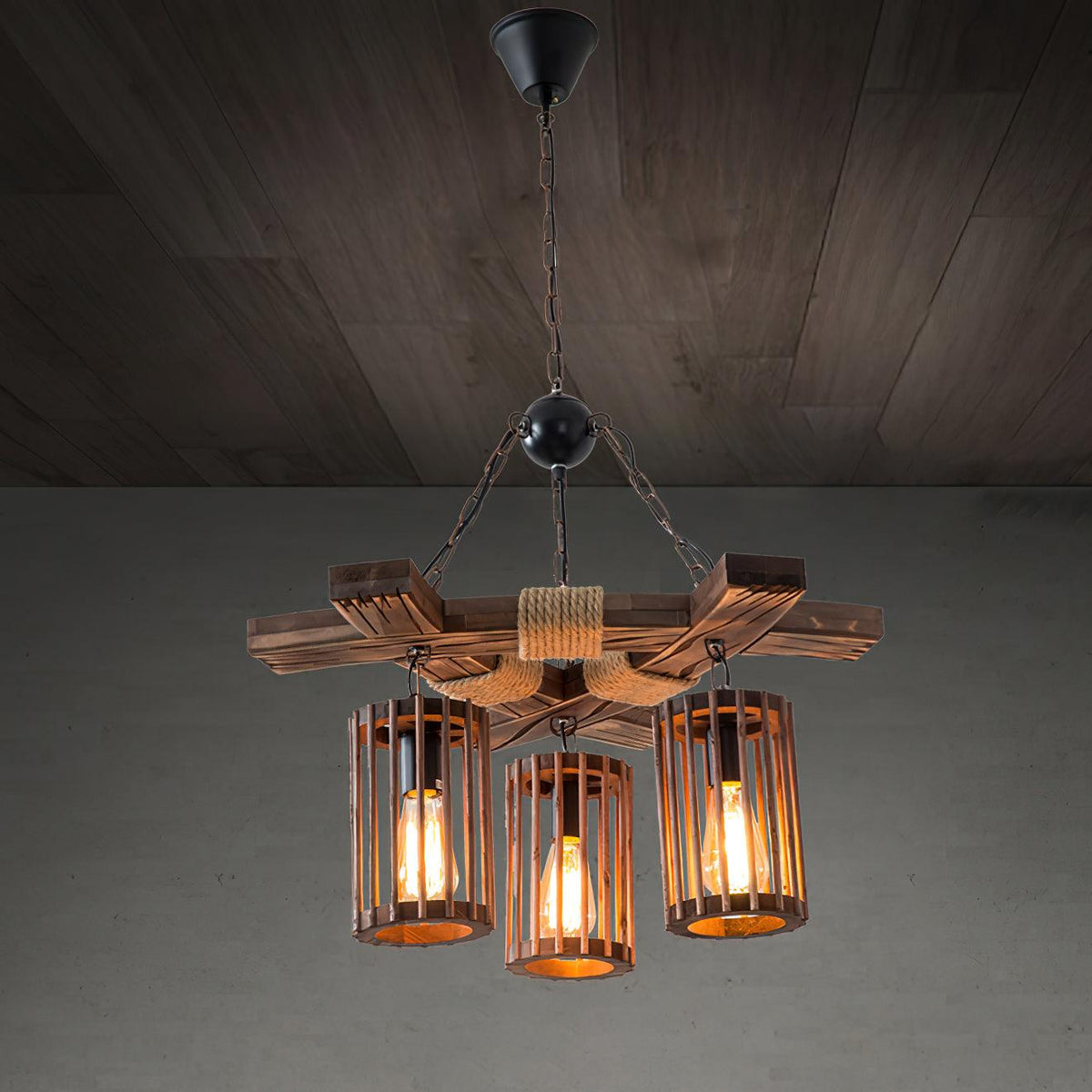Retro Solid Wood Chandelier with Black Iron and Hemp Rope Accents