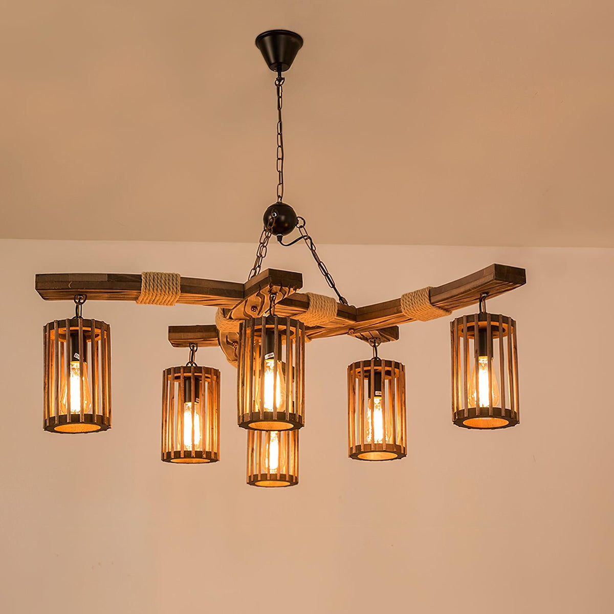 Retro Solid Wood Chandelier with Black Iron and Hemp Rope Accents