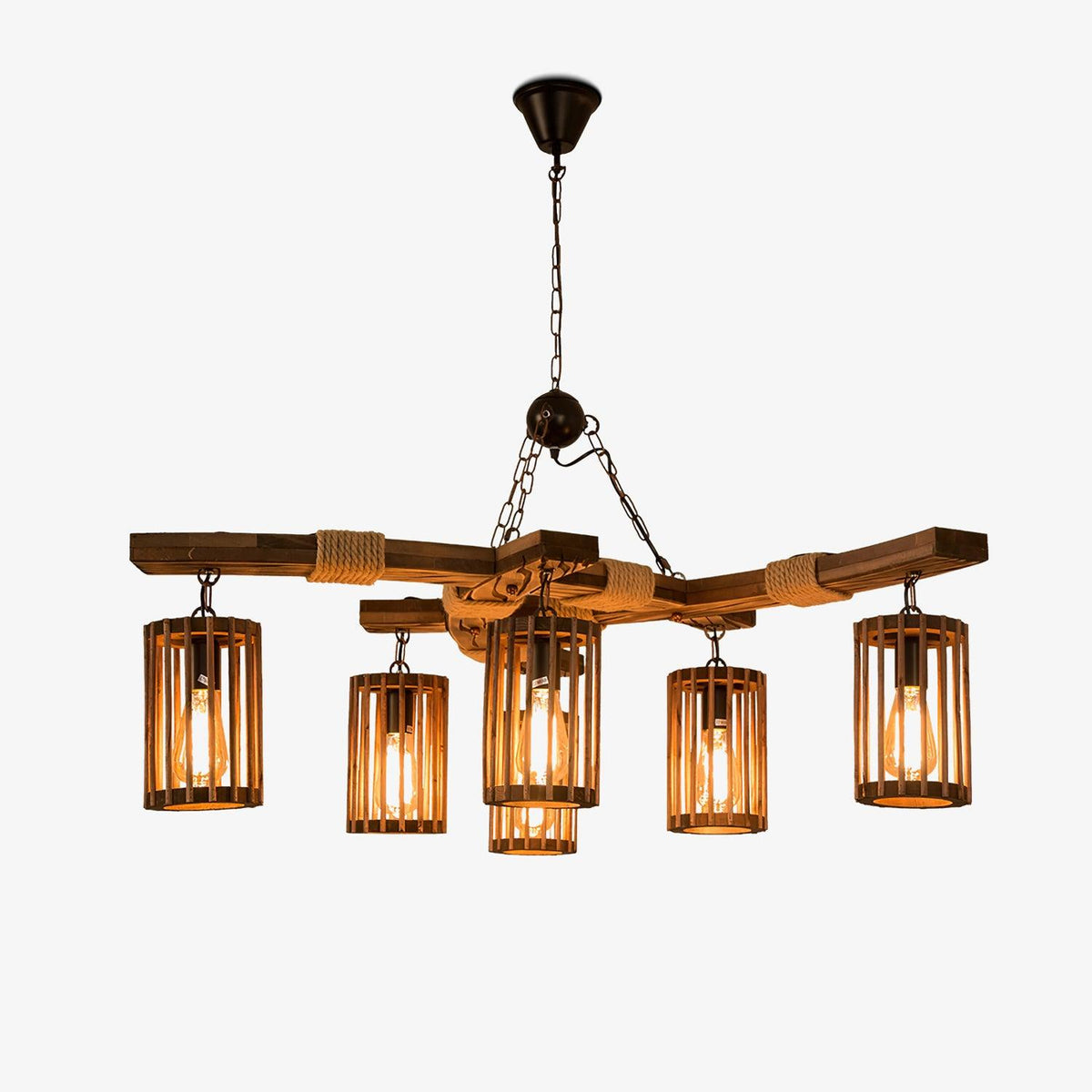 Retro Solid Wood Chandelier with Black Iron and Hemp Rope Accents