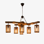 Retro Solid Wood Chandelier with Black Iron and Hemp Rope Accents