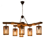 Retro Solid Wood Chandelier with Black Iron and Hemp Rope Accents