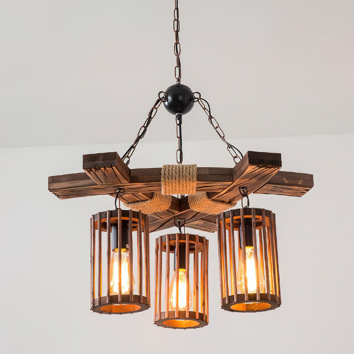 Retro Solid Wood Chandelier with Black Iron and Hemp Rope Accents