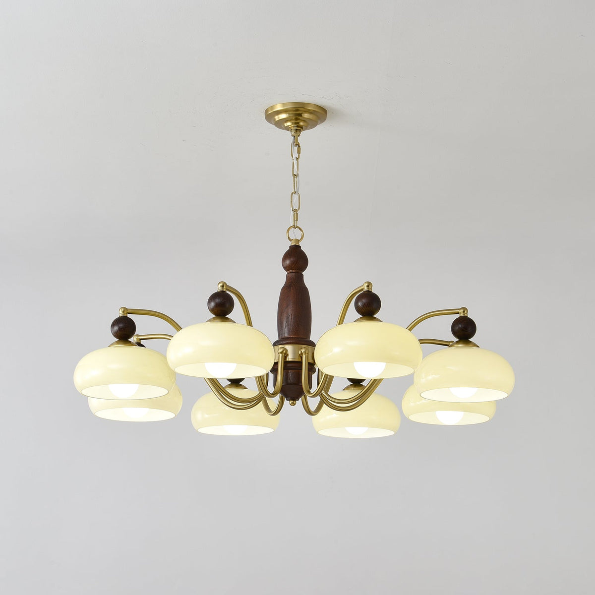 Revival Crown Chandelier in Walnut and Gold with Glass Shades