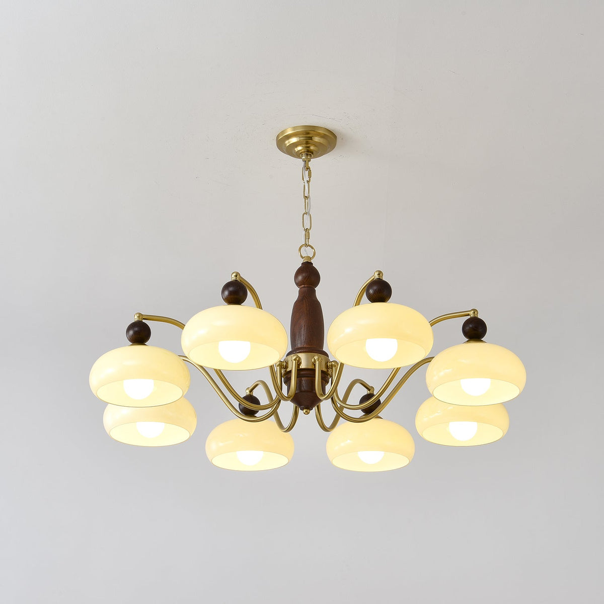 Revival Crown Chandelier in Walnut and Gold with Glass Shades