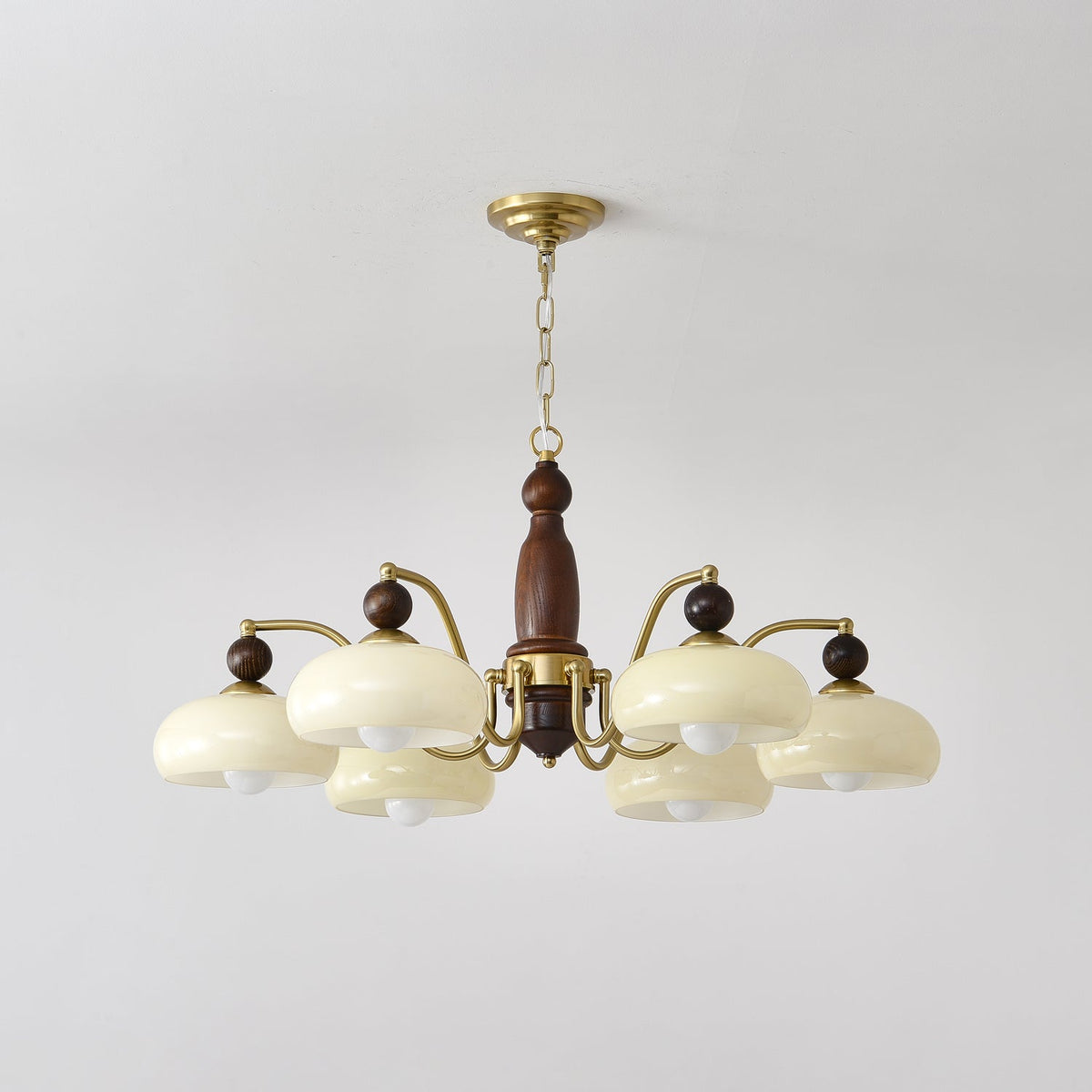 Revival Crown Chandelier in Walnut and Gold with Glass Shades