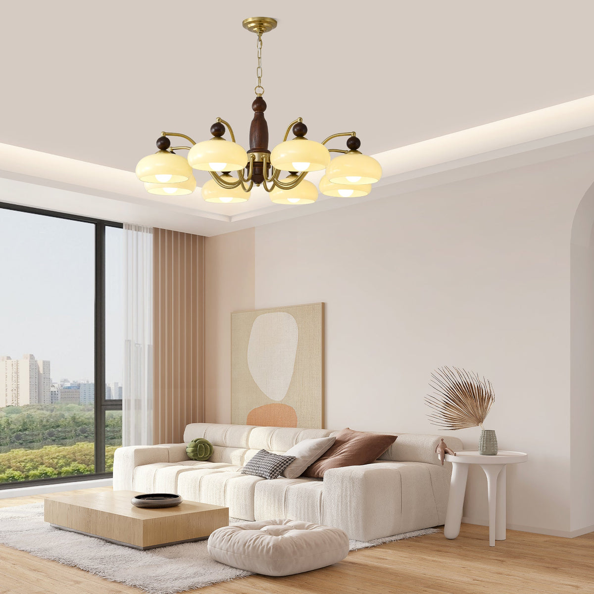 Revival Crown Chandelier in Walnut and Gold with Glass Shades