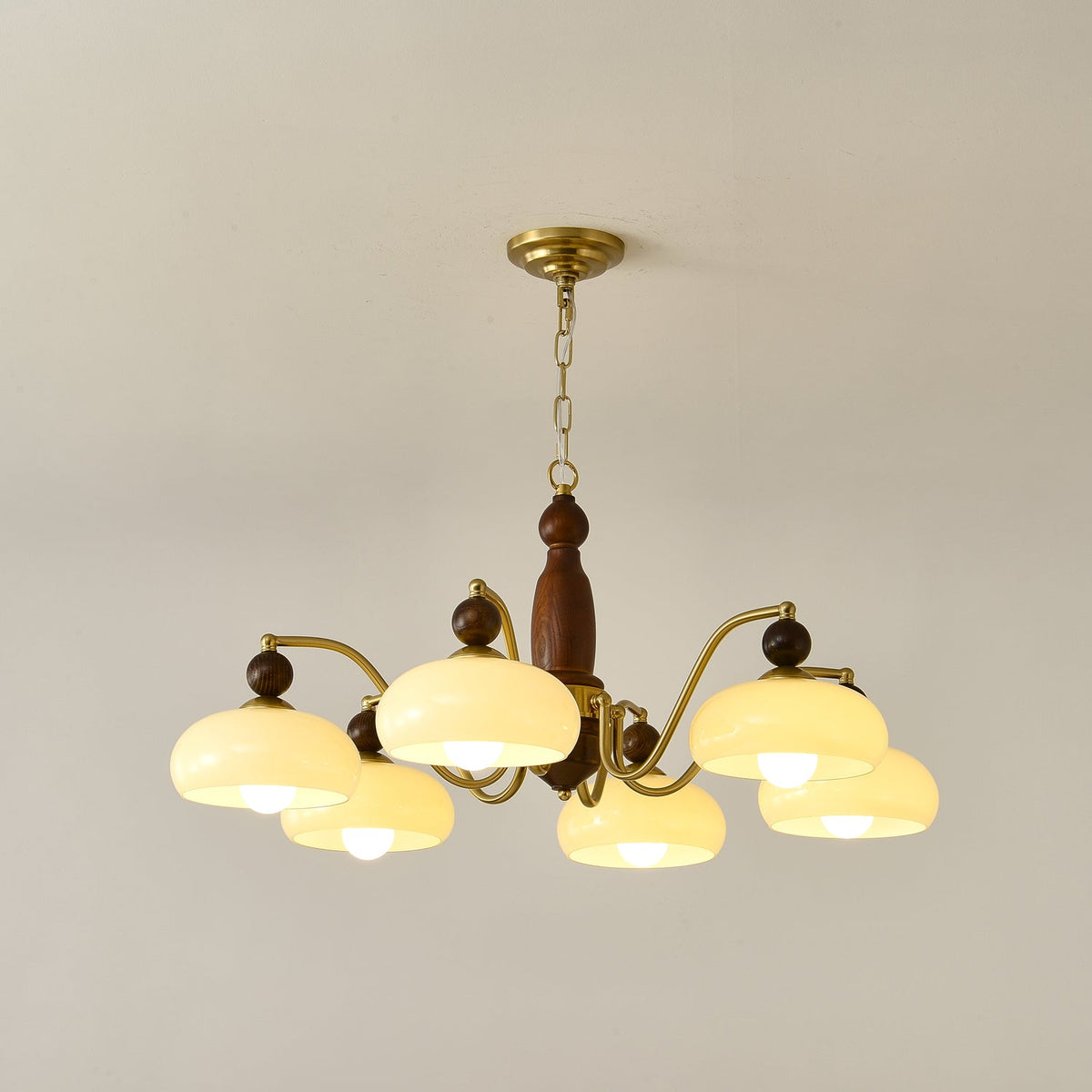 Revival Crown Chandelier in Walnut and Gold with Glass Shades