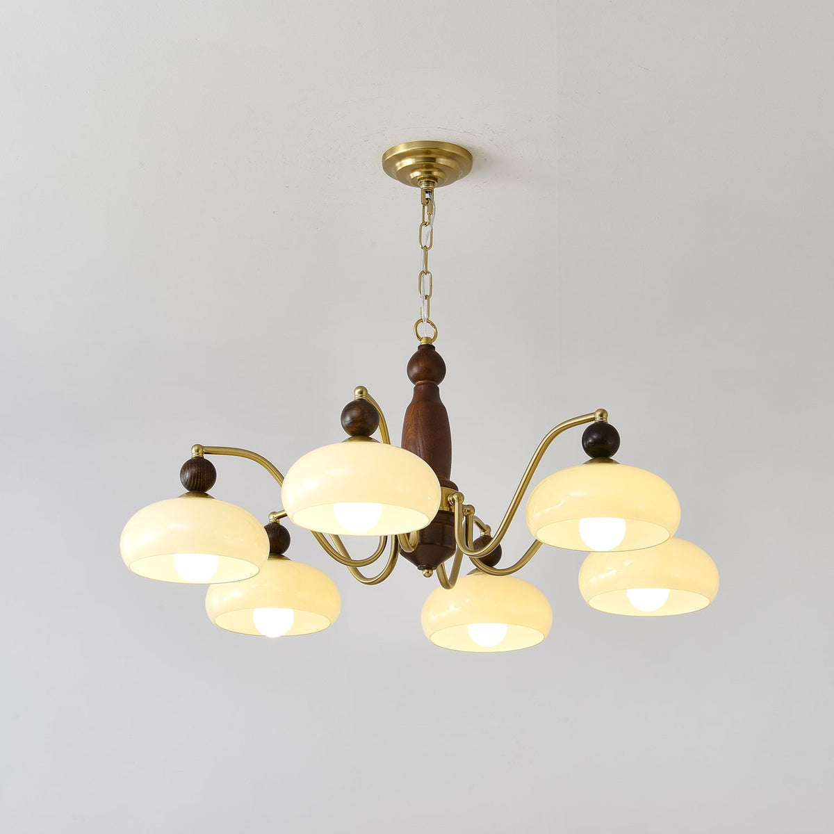 Revival Crown Chandelier in Walnut and Gold with Glass Shades