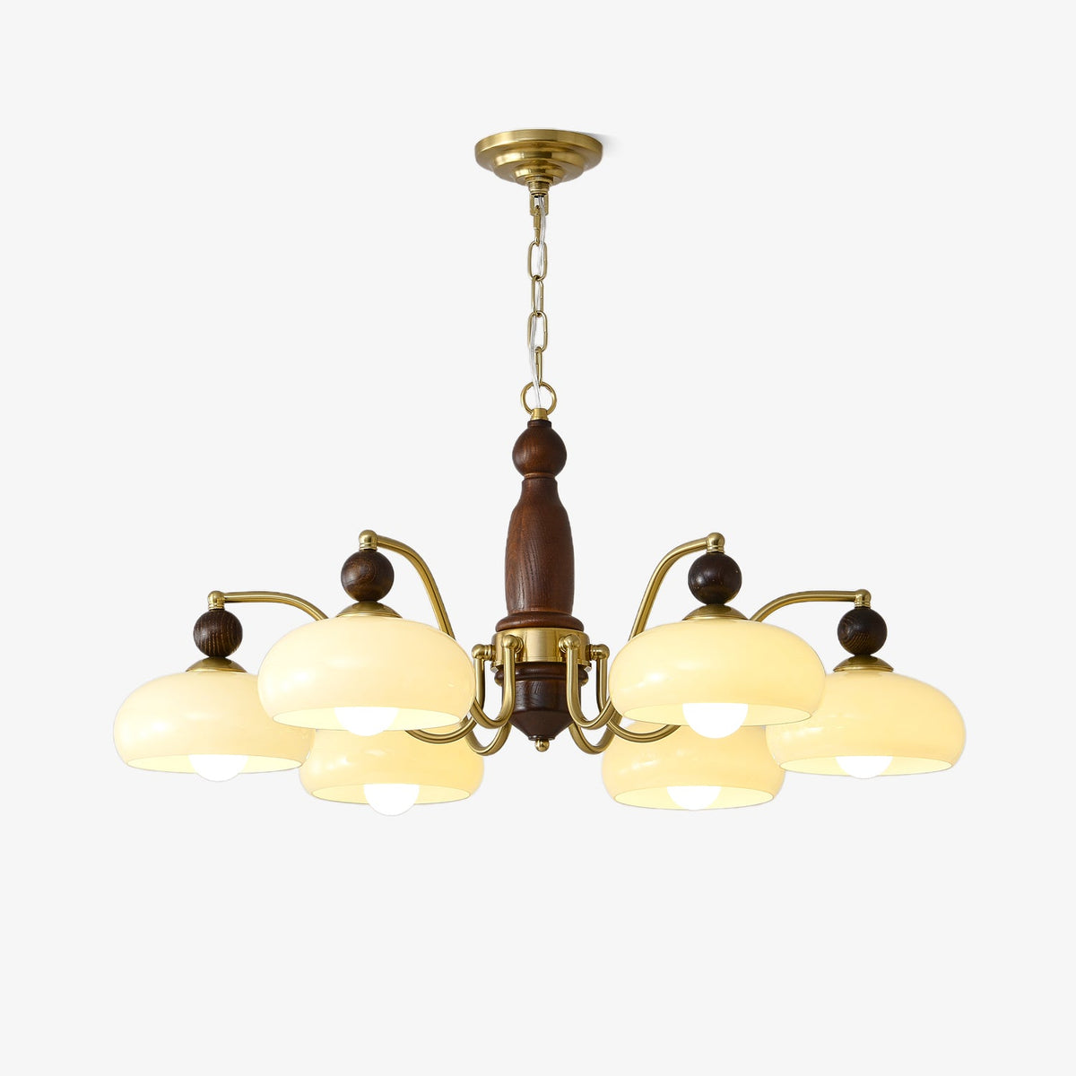 Revival Crown Chandelier in Walnut and Gold with Glass Shades