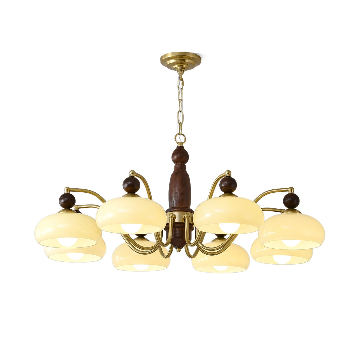 Revival Crown Chandelier in Walnut and Gold with Glass Shades