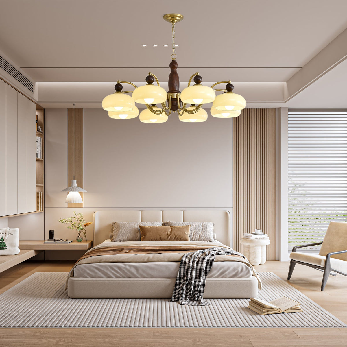 Revival Crown Chandelier in Walnut and Gold with Glass Shades