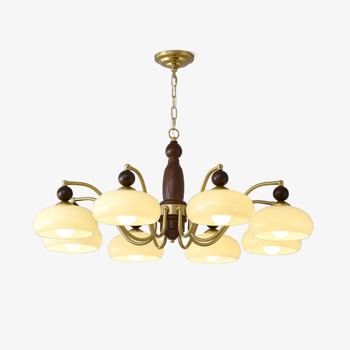 Revival Crown Chandelier in Walnut and Gold with Glass Shades