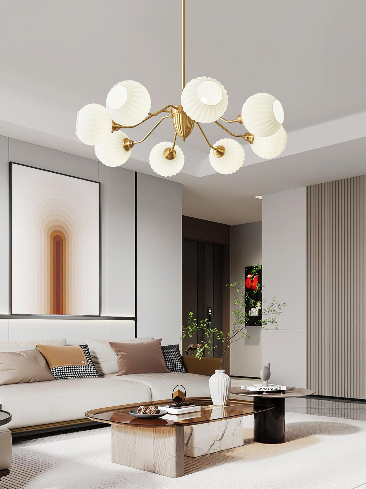 Ribbed Glass Globe Chandelier in Brass for Modern Interiors