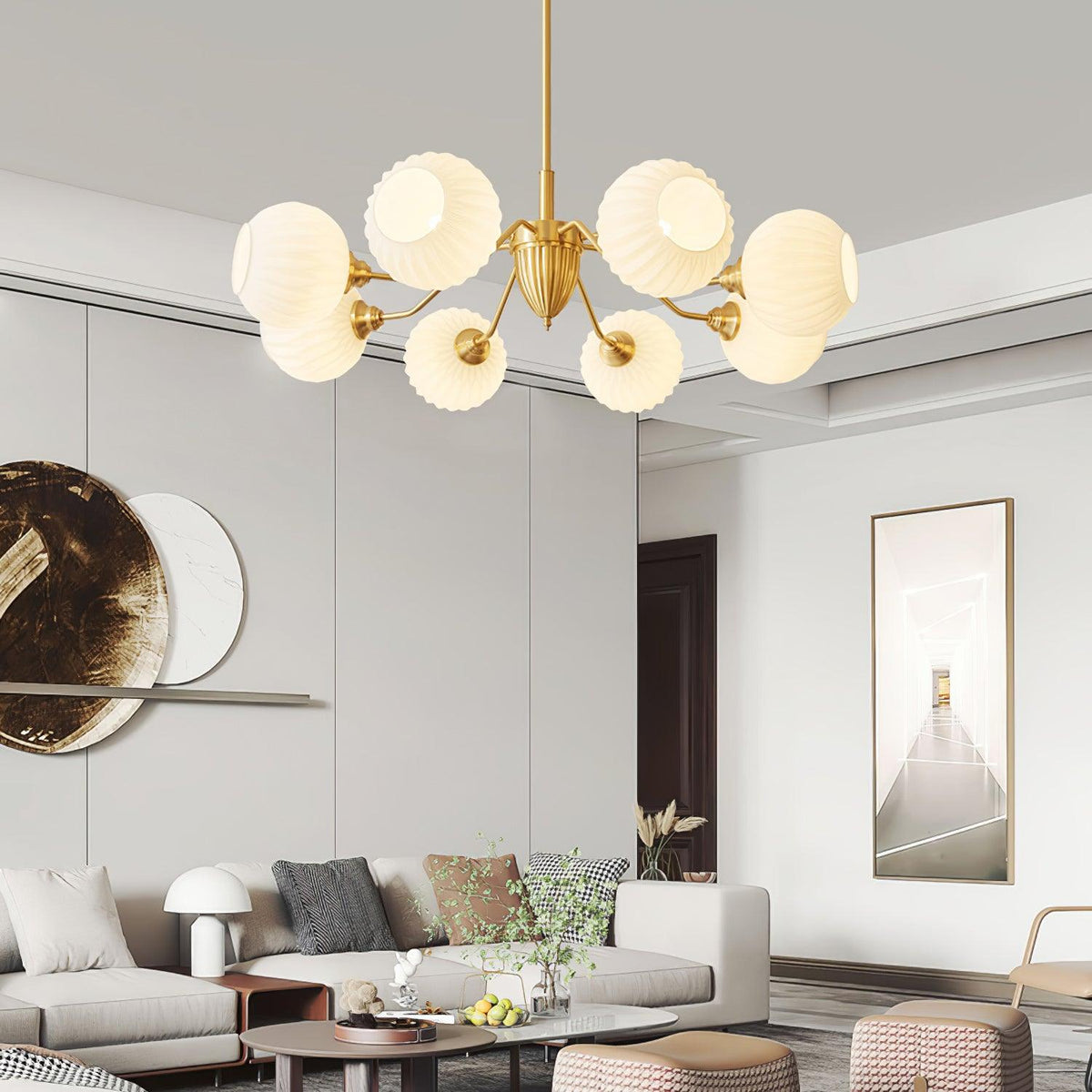 Ribbed Glass Globe Chandelier in Brass for Modern Interiors