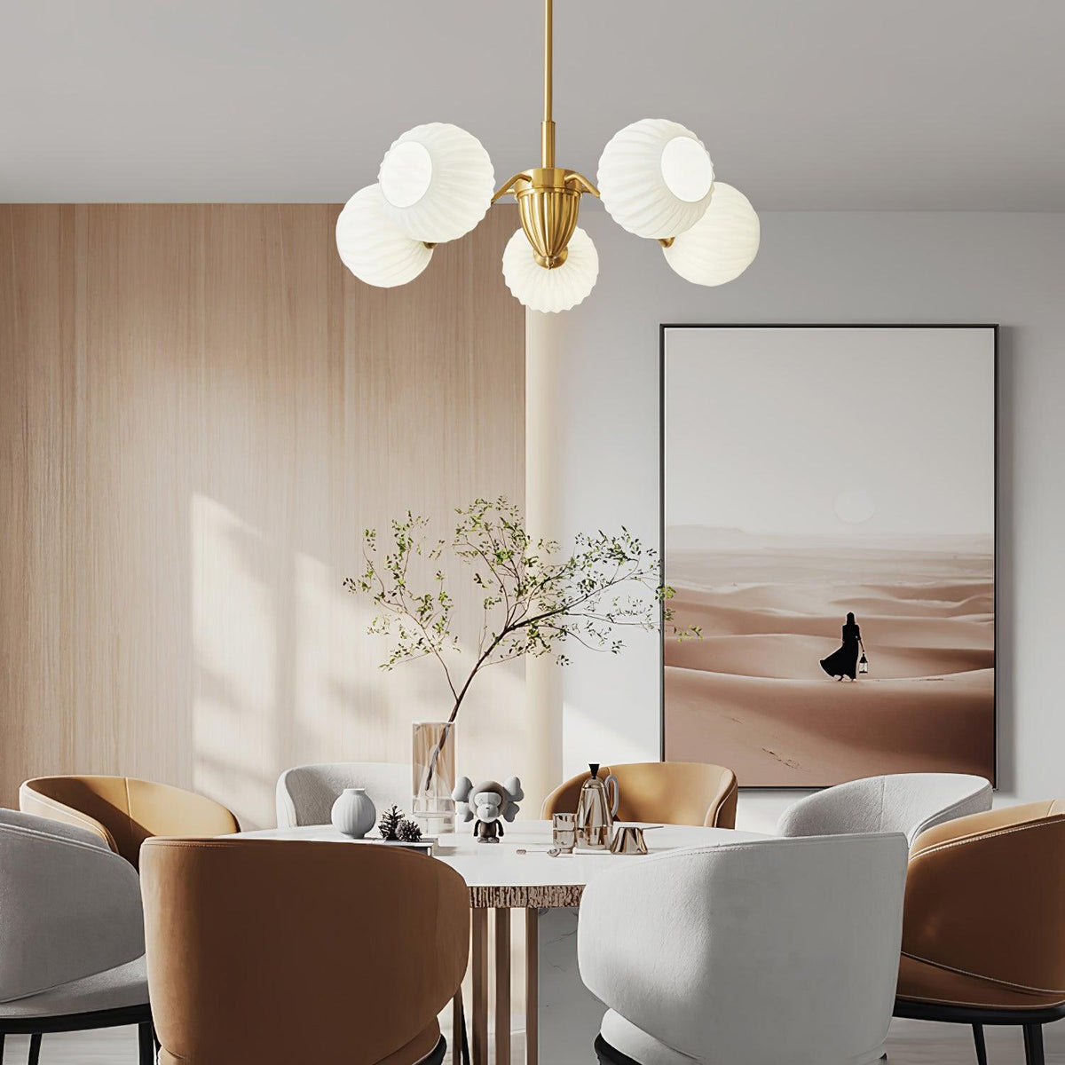 Ribbed Glass Globe Chandelier in Brass for Modern Interiors