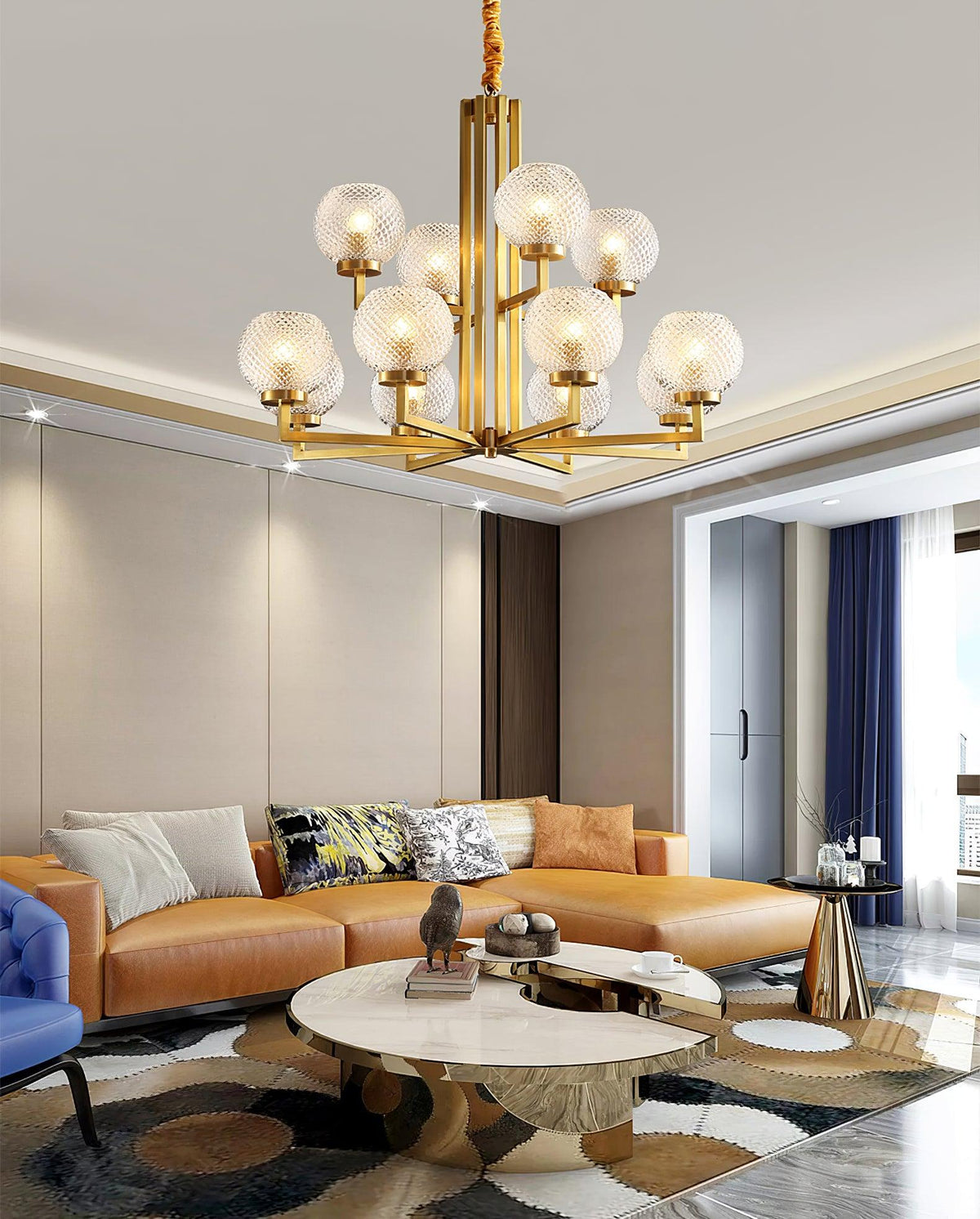 Helios Ribbed Glass Chandelier in Aged Brass, Modern Luxury Lighting