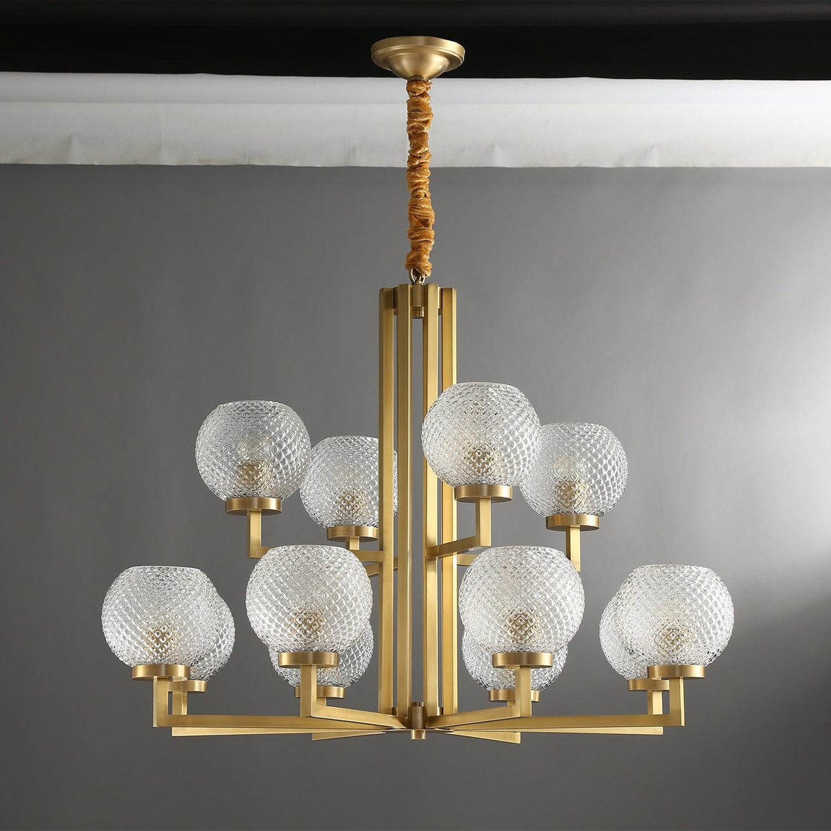 Helios Ribbed Glass Chandelier in Aged Brass, Modern Luxury Lighting