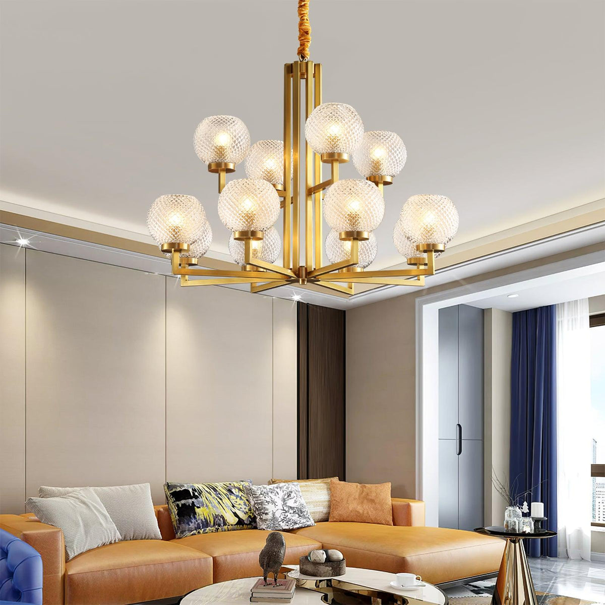 Helios Ribbed Glass Chandelier in Aged Brass, Modern Luxury Lighting