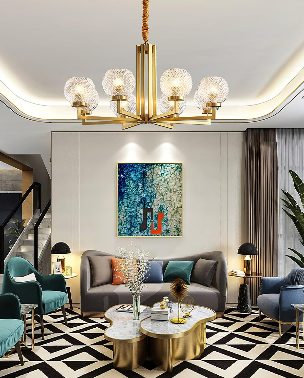 Helios Ribbed Glass Chandelier in Aged Brass, Modern Luxury Lighting