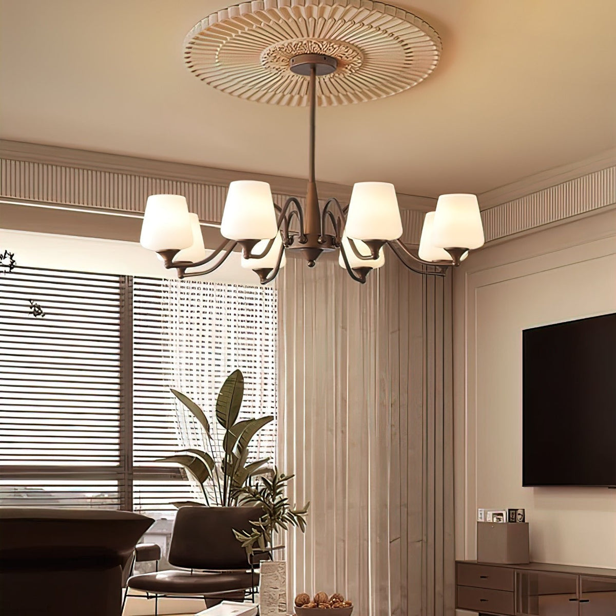 Ridge Chandelier in Brown and Frosted Glass for Dining Room and Living Room