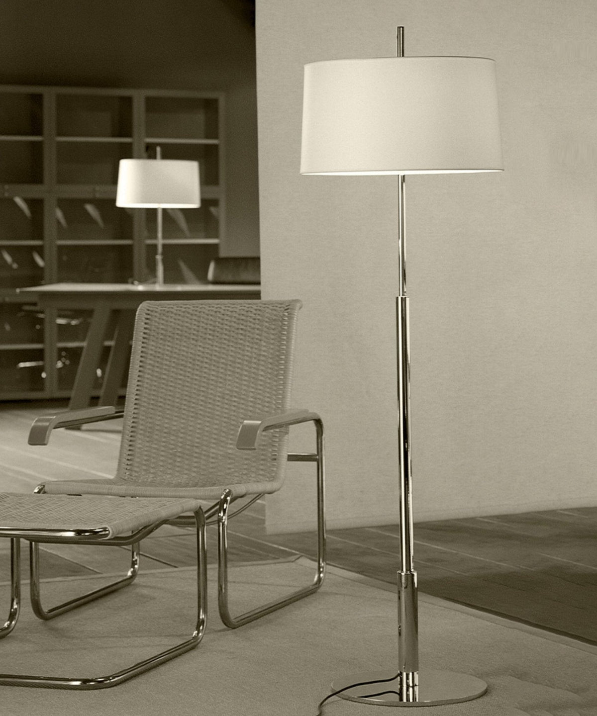 Rilume Modern Floor Lamp with Fabric Drum Shade in Nickel