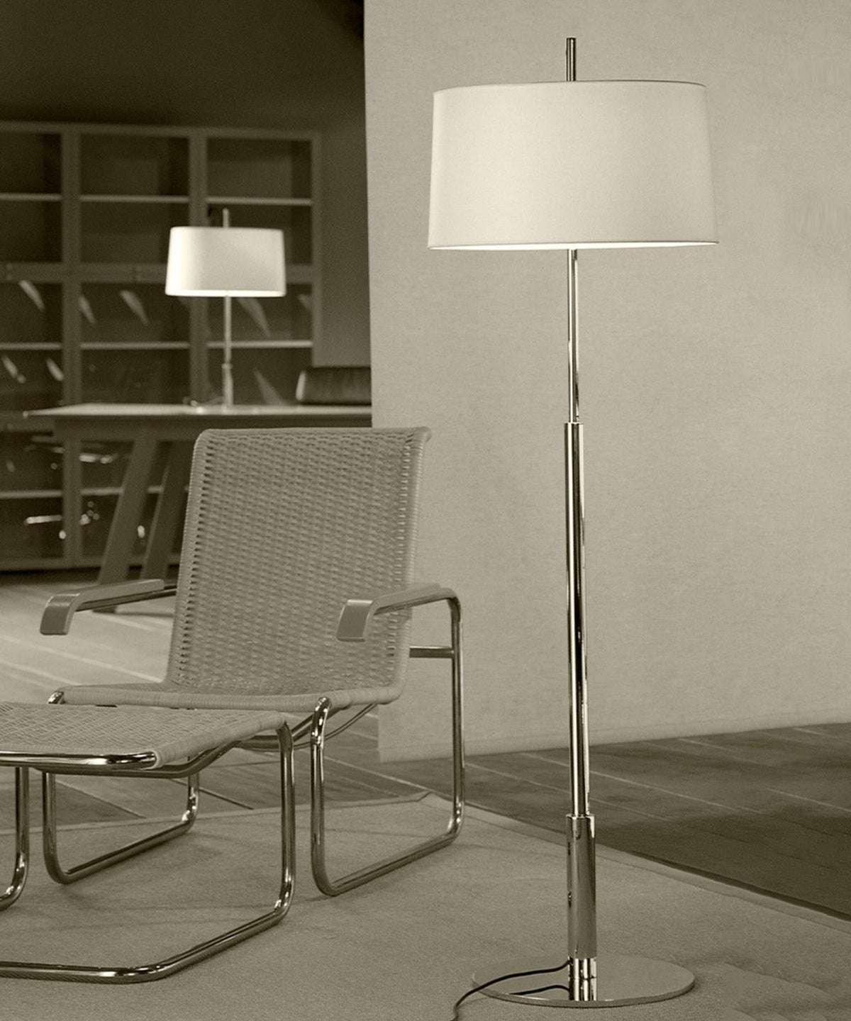 Rilume Modern Floor Lamp with Fabric Drum Shade in Nickel