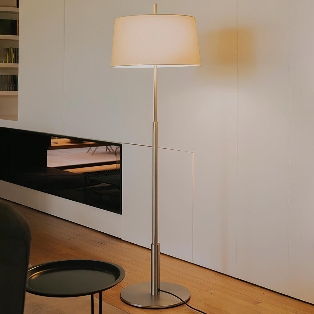 Rilume Modern Floor Lamp with Fabric Drum Shade in Nickel