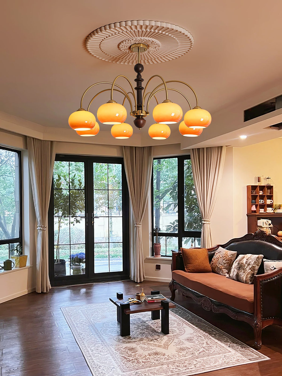 Ripe Persimmon Chandelier – Modern Glass & Wood Pendant Light for Dining Room